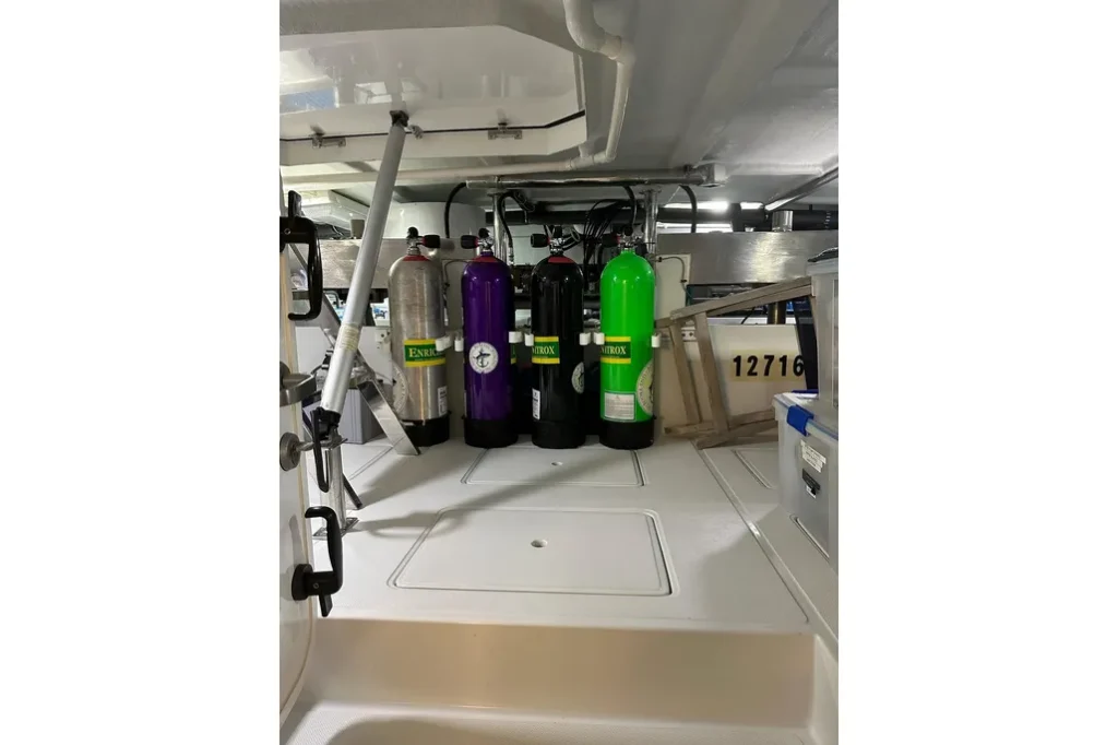 2016 Nordhavn 60 - CHOICES - Lazarette dive tank rack with Enriched Air and Nitrox tanks