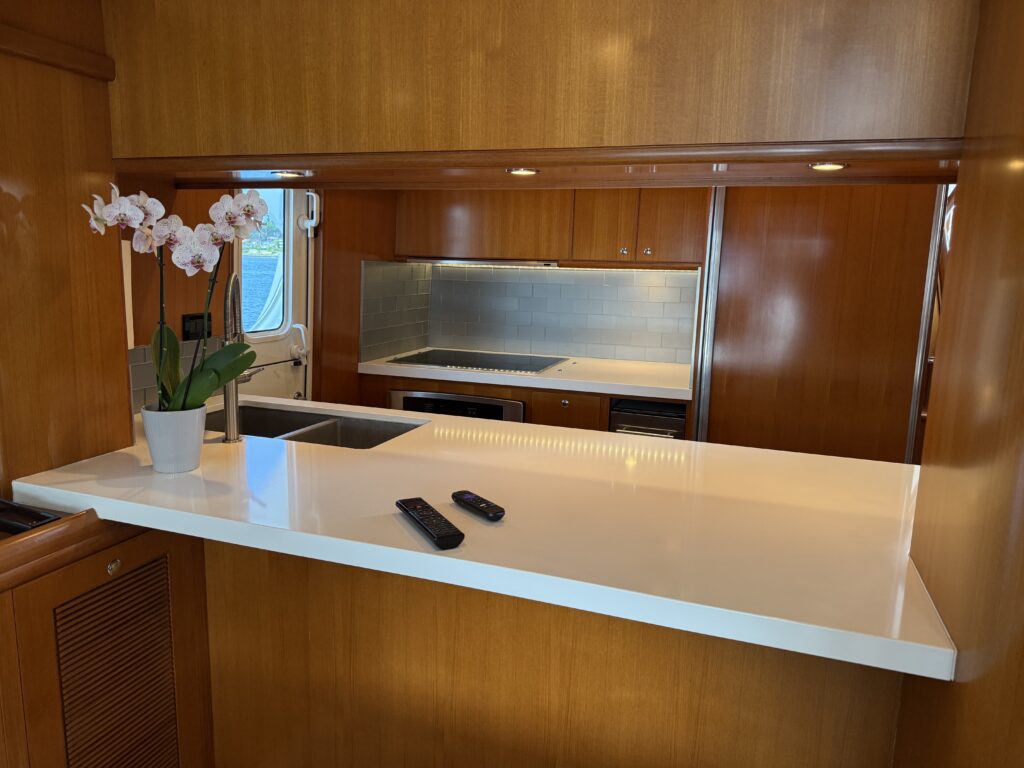 N6416 - AEGEAN MIST - galley counter view with white quartz countertop, orchid plant, and warm teak overhead cabinets illuminated by under-cabinet lighting